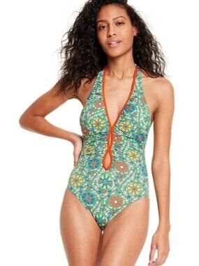 RHODE x Target Zinnia Halter One Piece Swimsuit 1X Green Floral Resort